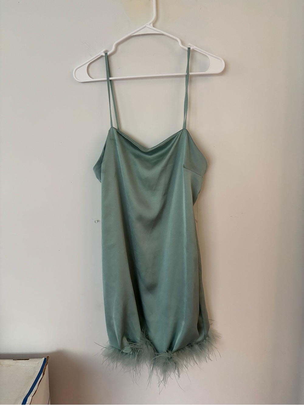 vintage y2k 2000s sage teal silk satin slip mini dress with faux feather trim🩵